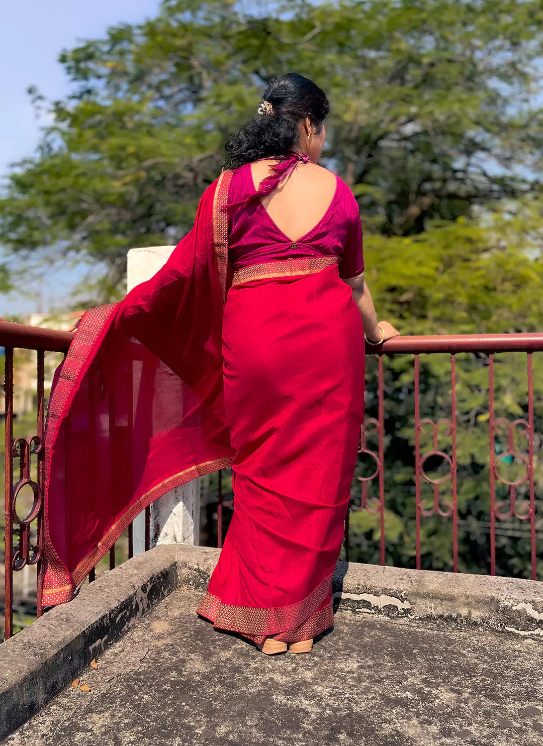 Rani Pink Dola Silk Plain Saree With Border - TREEVESTO