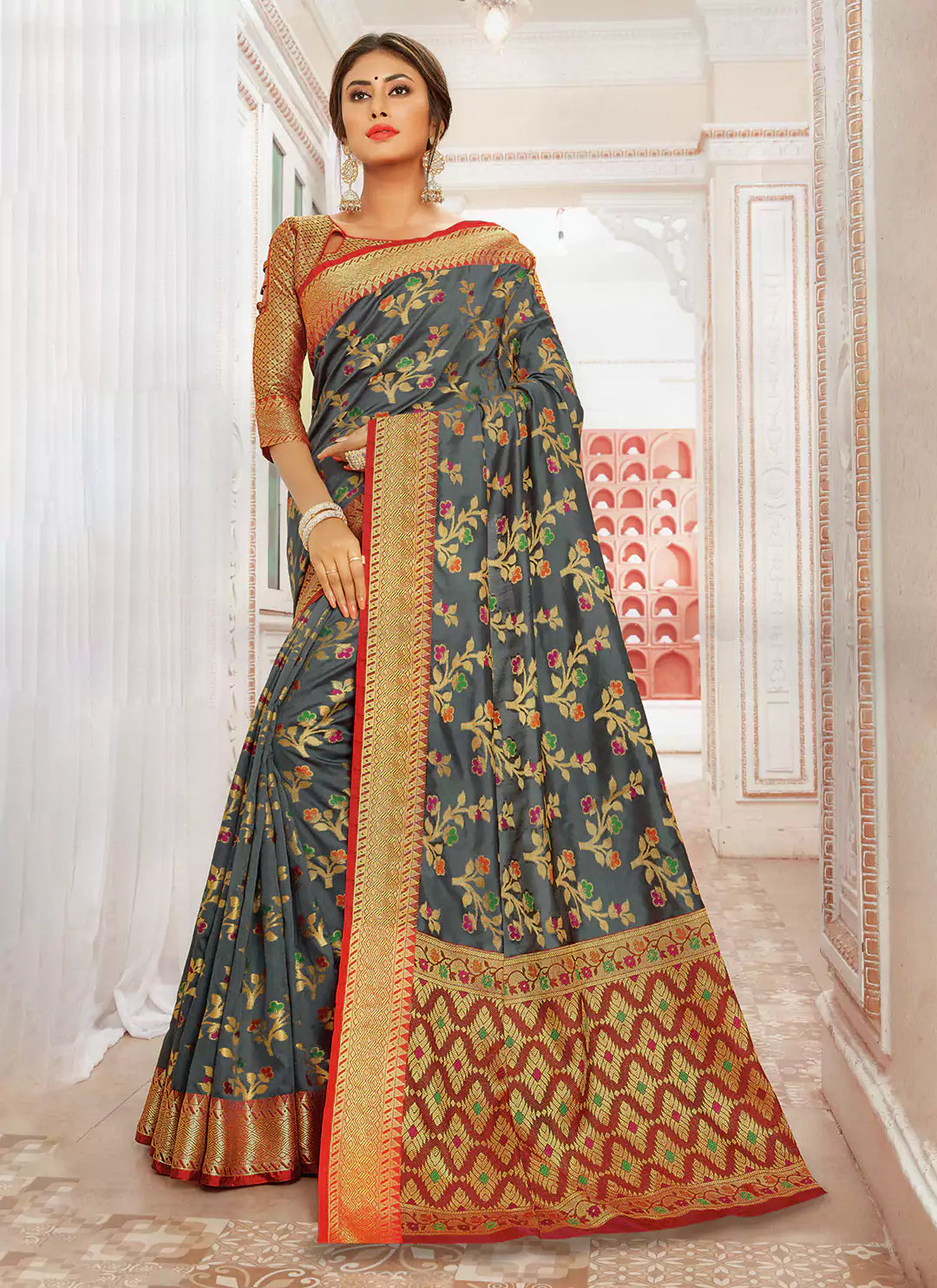 Meenakari Worked Grey Banarasi Silk Saree With Brocade Blouse - TREEVESTO