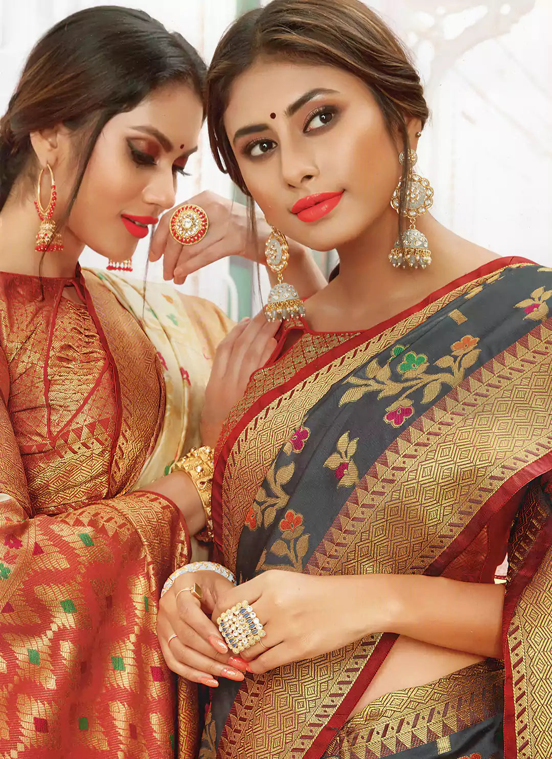 Meenakari Worked Grey Banarasi Silk Saree With Brocade Blouse - TREEVESTO