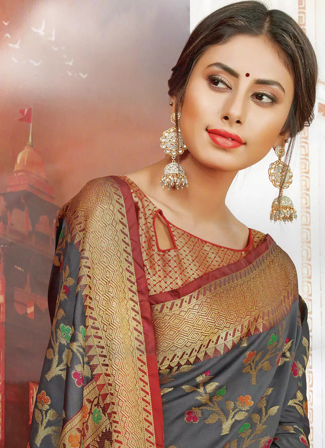 Meenakari Worked Grey Banarasi Silk Saree With Brocade Blouse - TREEVESTO