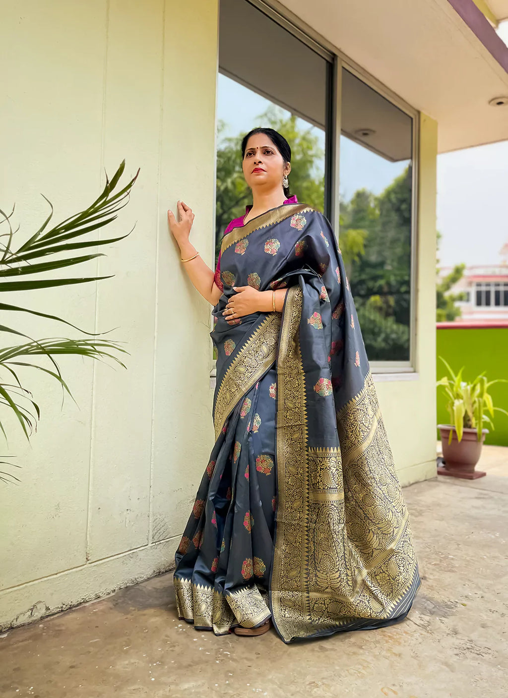 Meenakari Worked Silk Saree In Grey - TREEVESTO
