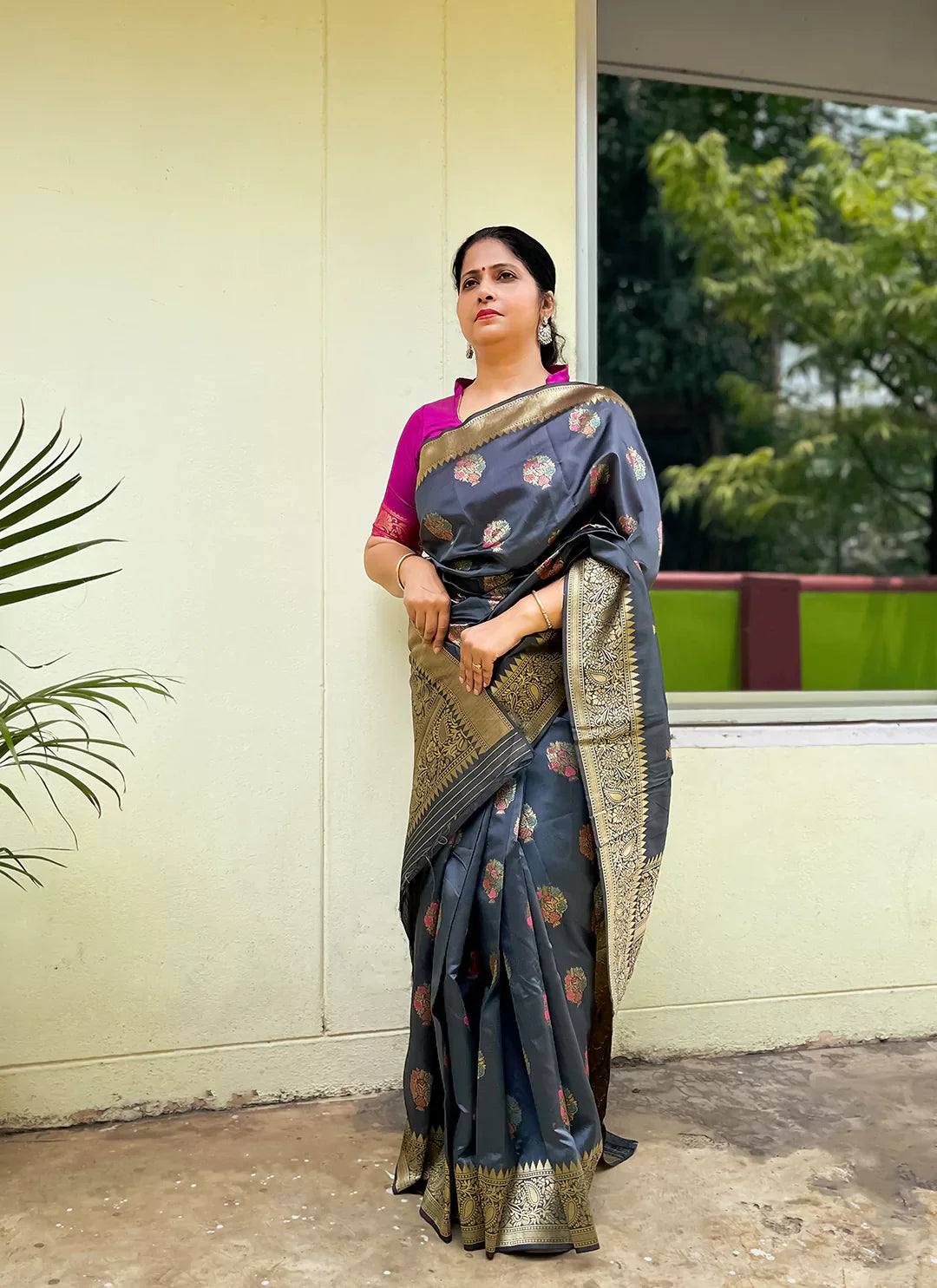 Meenakari Worked Silk Saree In Grey - TREEVESTO