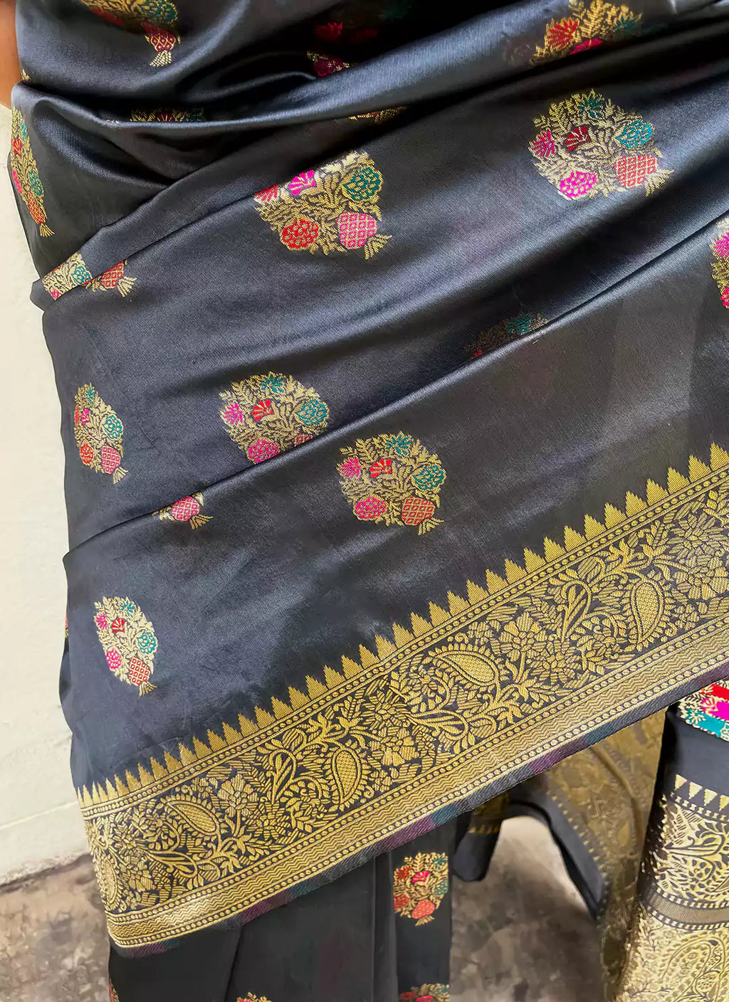Meenakari Worked Silk Saree In Grey - TREEVESTO