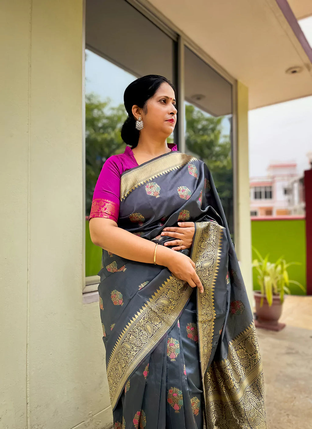 Meenakari Worked Silk Saree In Grey - TREEVESTO