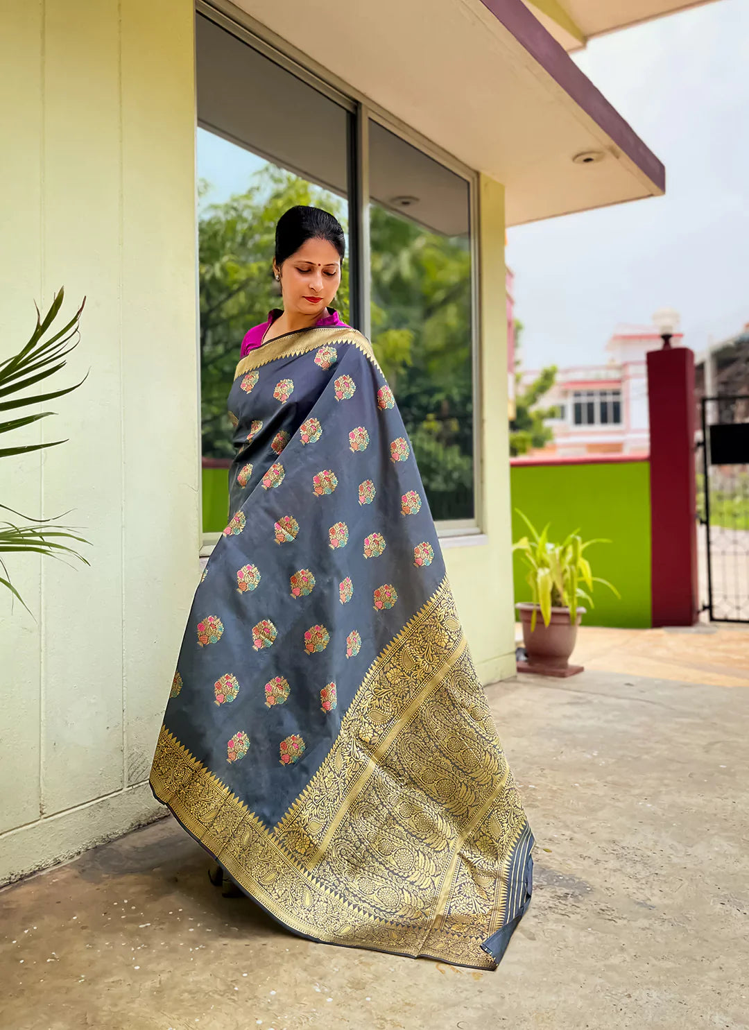 Meenakari Worked Silk Saree In Grey - TREEVESTO