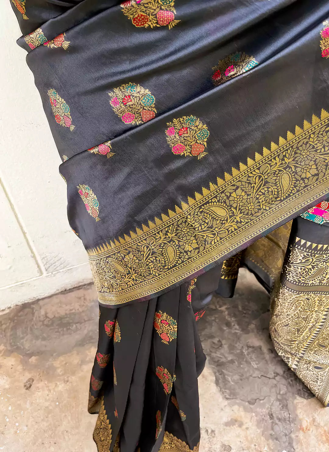 Meenakari Worked Silk Saree In Grey - TREEVESTO