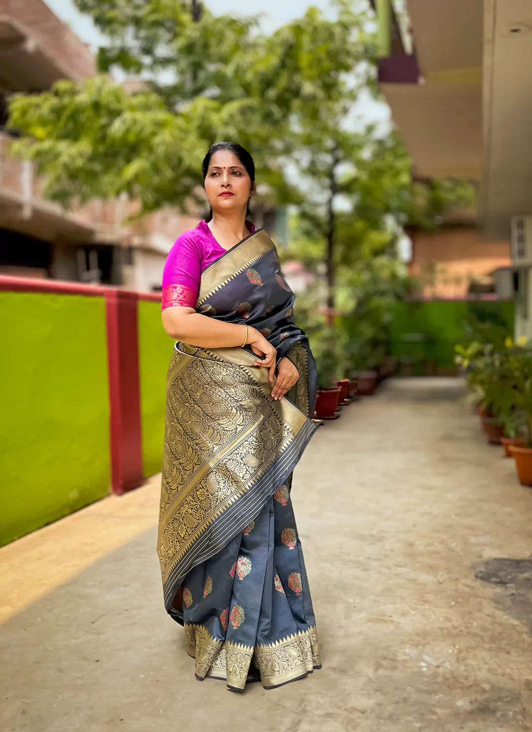 Meenakari Worked Silk Saree In Grey - TREEVESTO