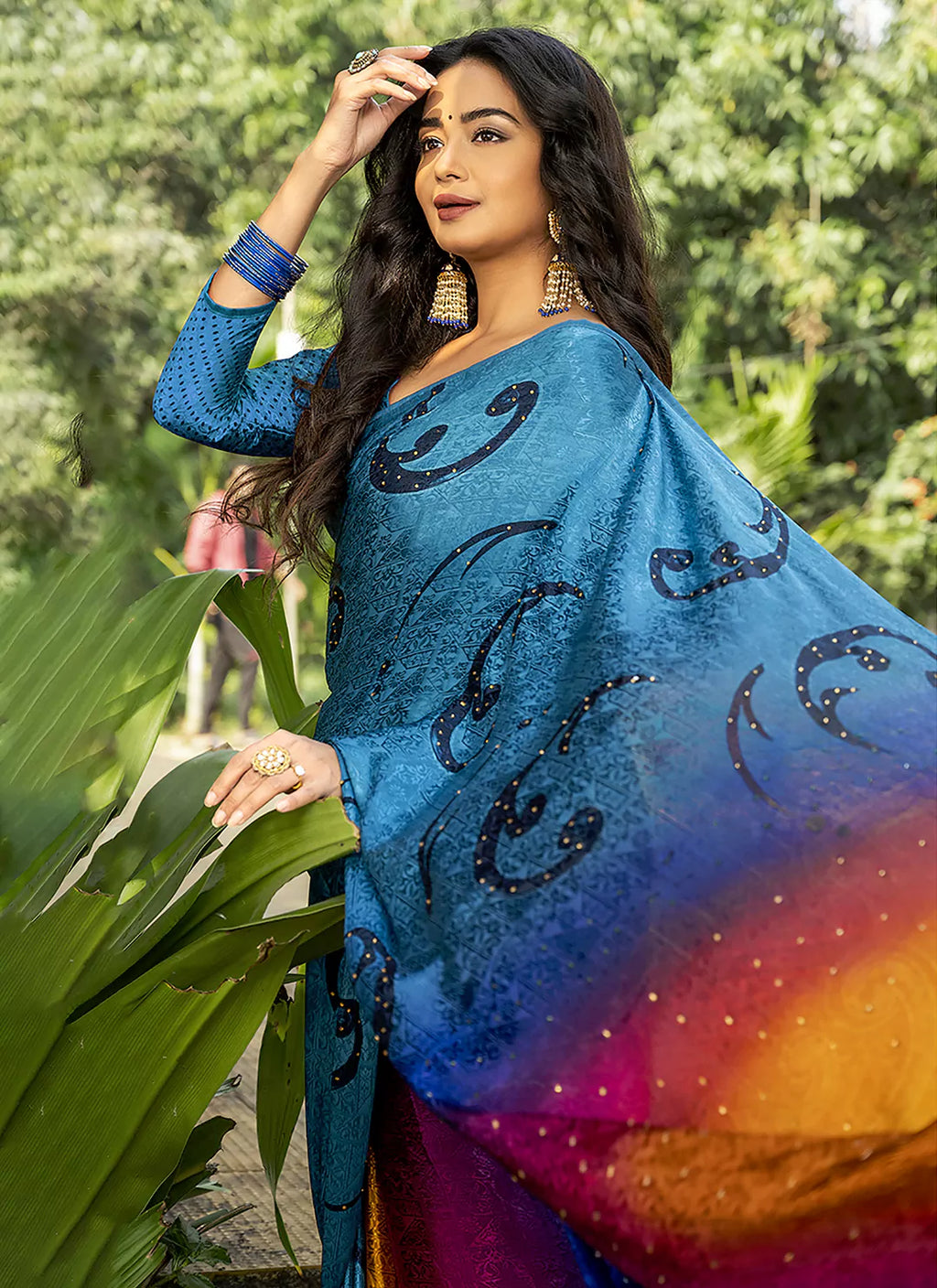Mesmerizing Tanchoi Worked Blue Crepe Satin Silk Saree - TREEVESTO