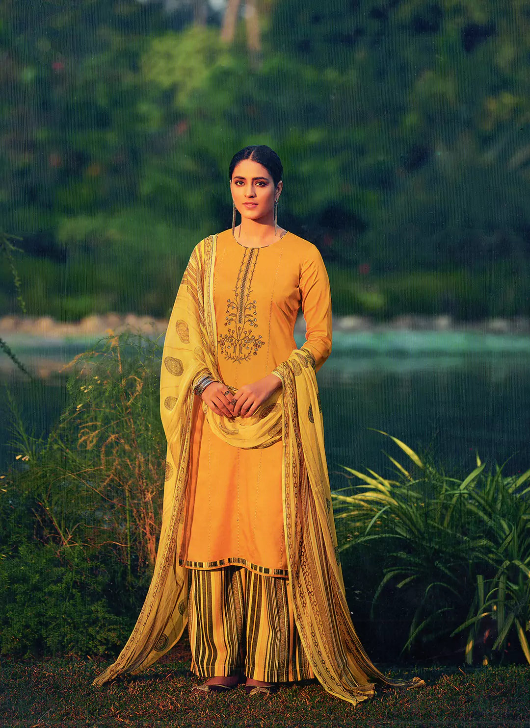 Embroidered Mustard Yellow Jam Cotton Unstitched Suit Material treevesto