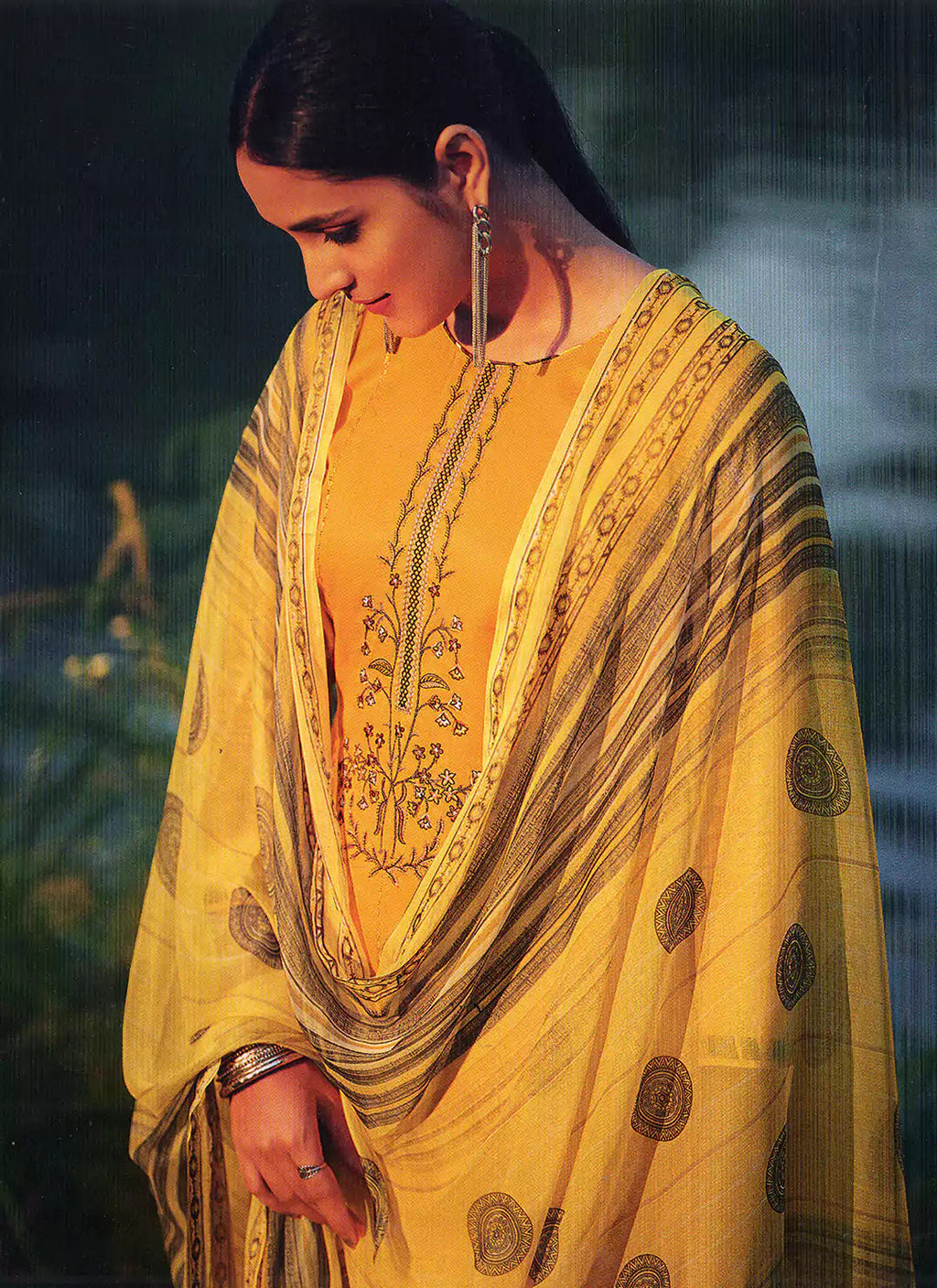 Embroidered Mustard Yellow Jam Cotton Unstitched Suit Material treevesto
