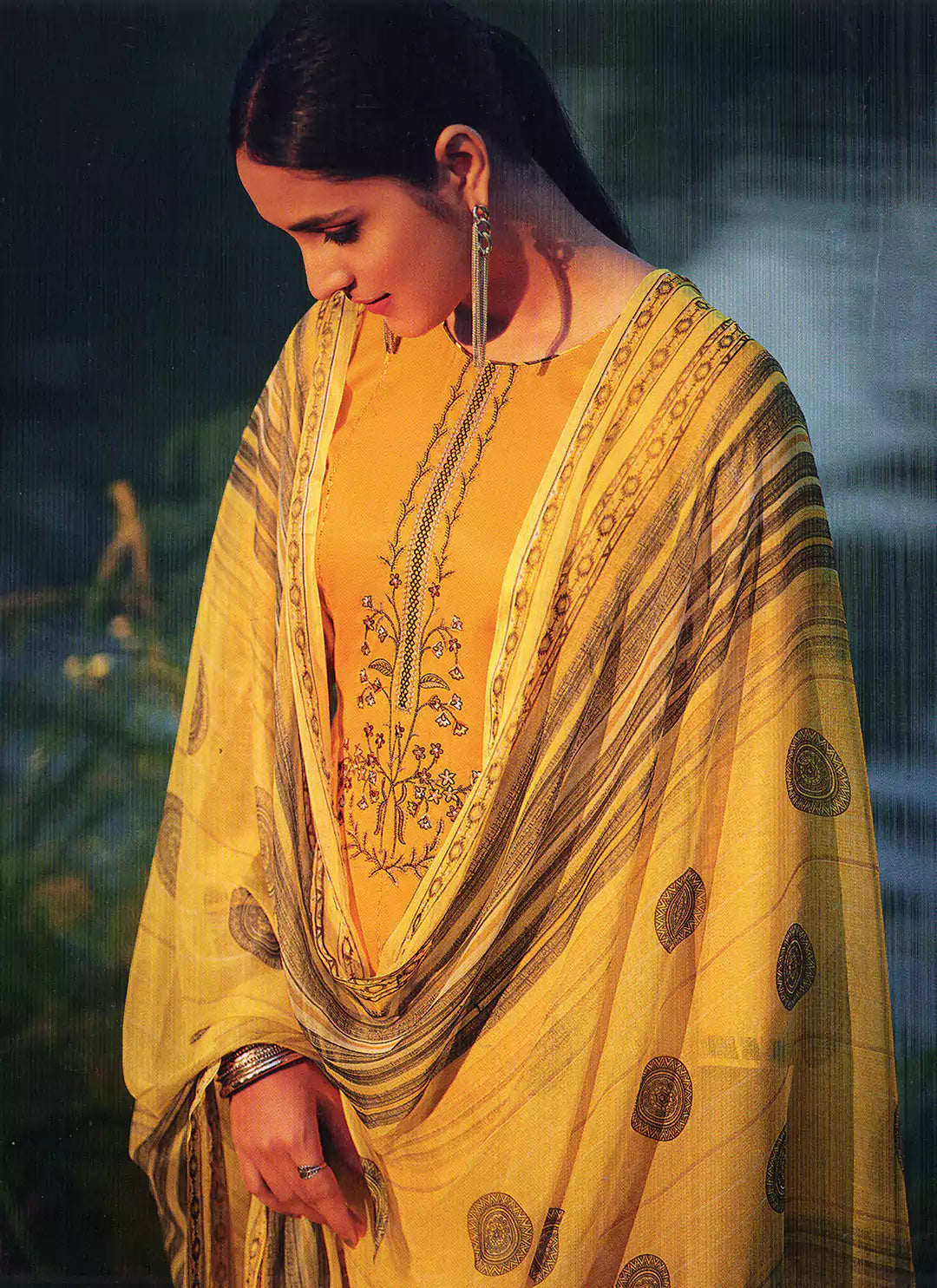 Embroidered Mustard Yellow Jam Cotton Unstitched Suit Material treevesto
