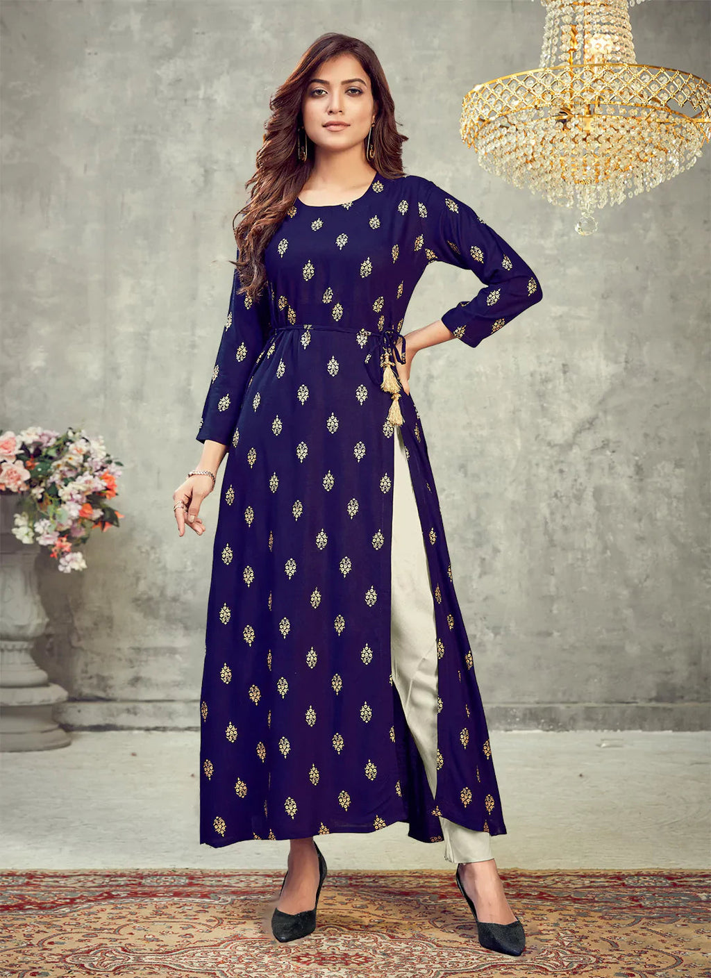 Navy Blue Side Slit Designer Empire A-Line Kurta treevesto