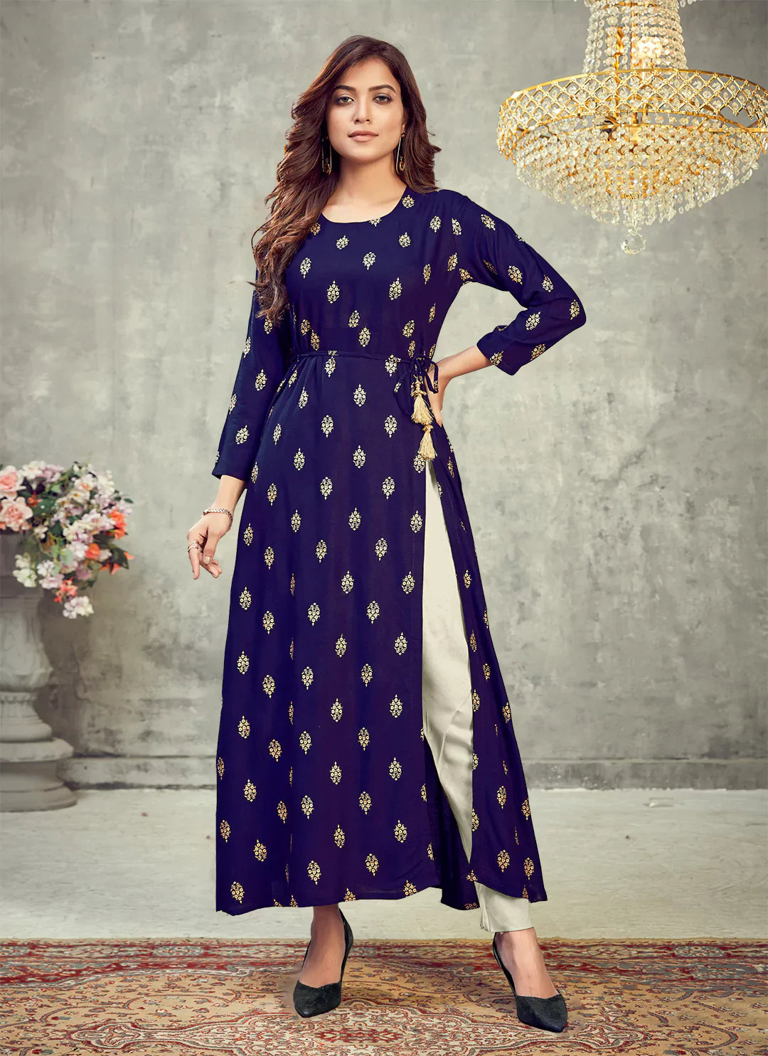 Navy Blue Side Slit Designer Empire A-Line Kurta treevesto