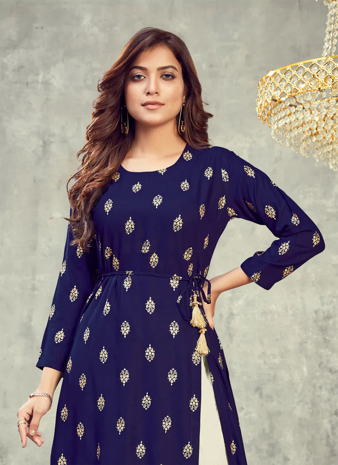 Navy Blue Side Slit Designer Empire A-Line Kurta treevesto