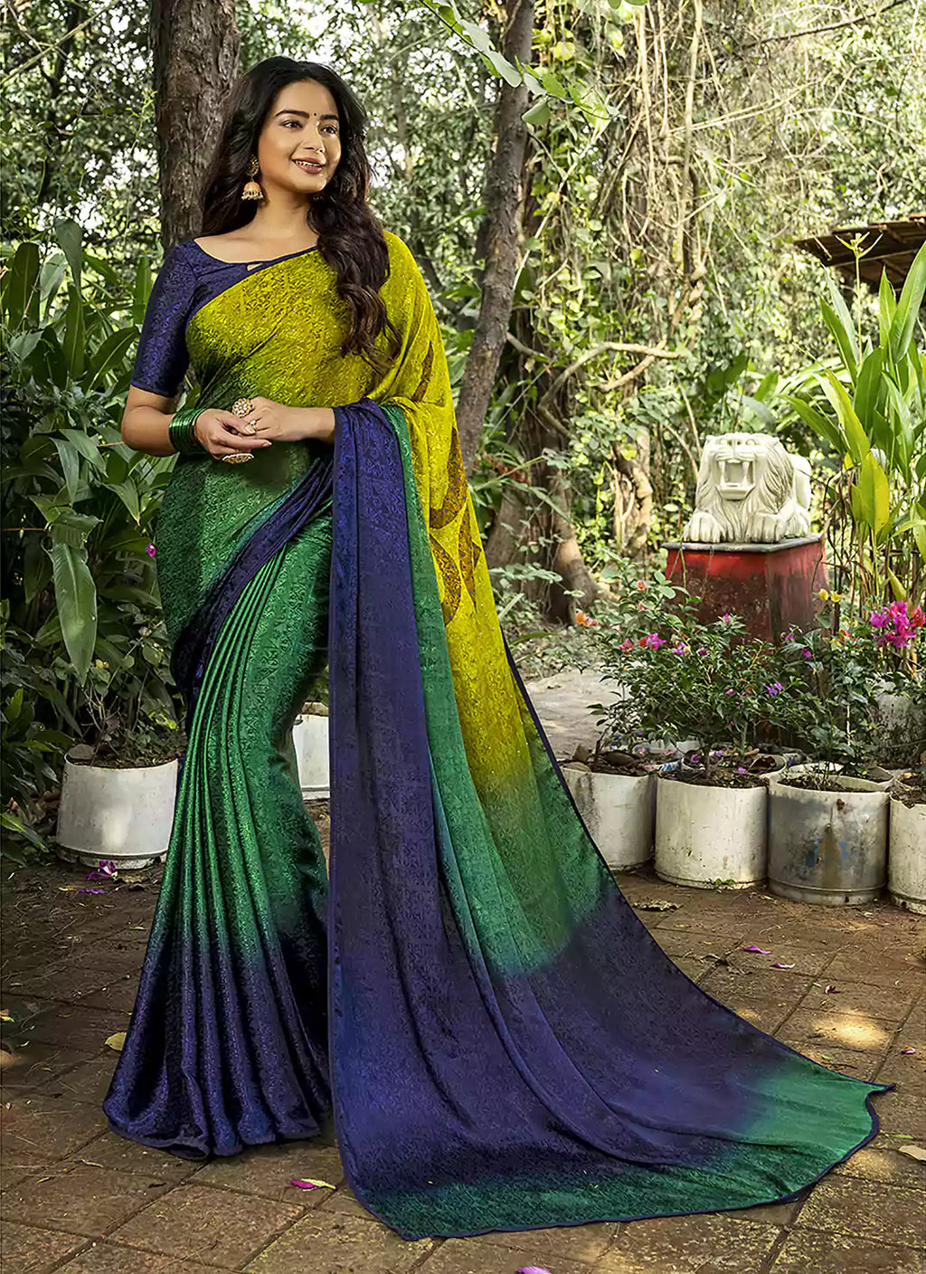 Om Symbol Tanchoi Work Green & Blue Crepe Satin Silk Saree - TREEVESTO