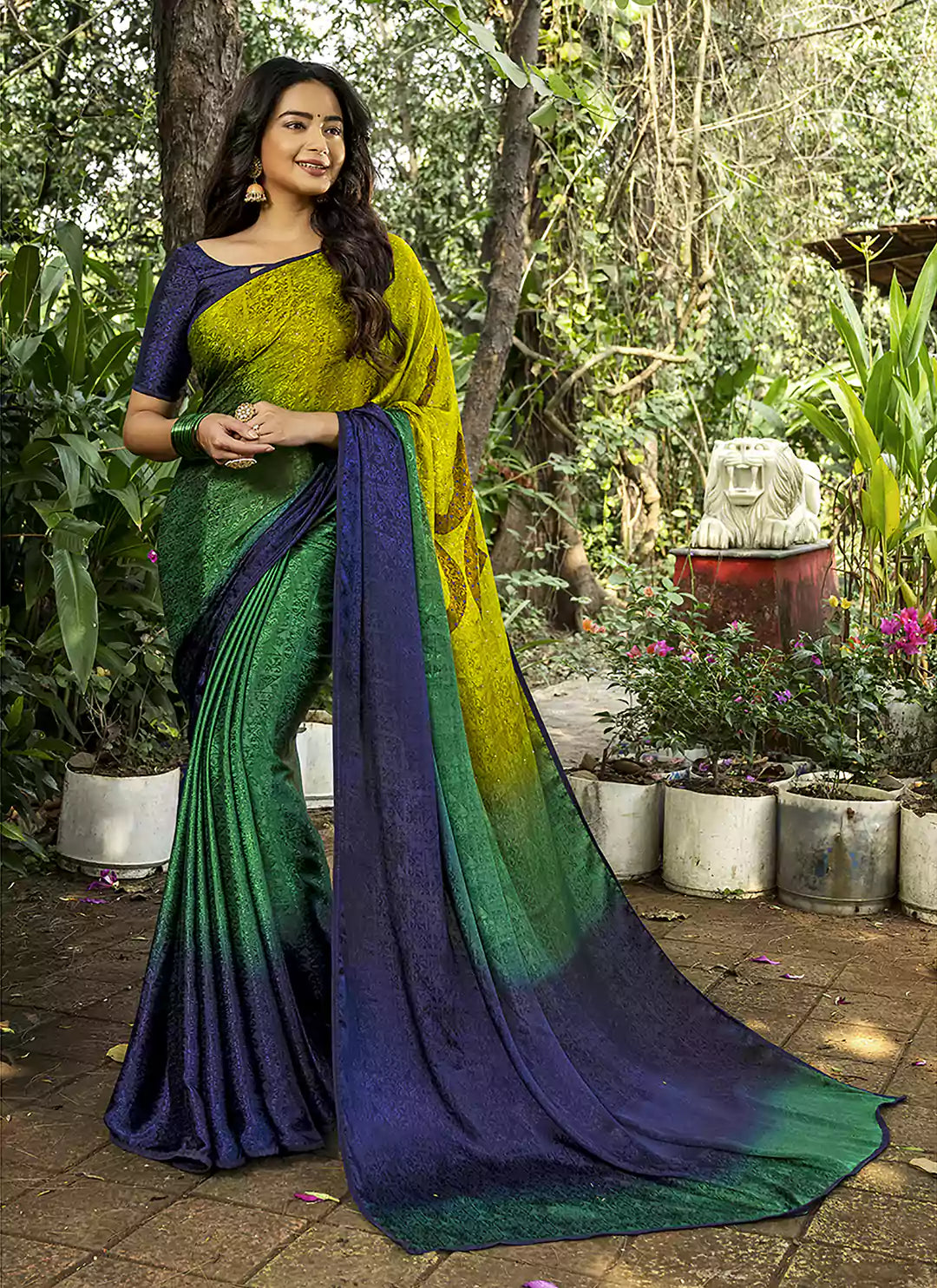 Om Symbol Tanchoi Work Green & Blue Crepe Satin Silk Saree - TREEVESTO