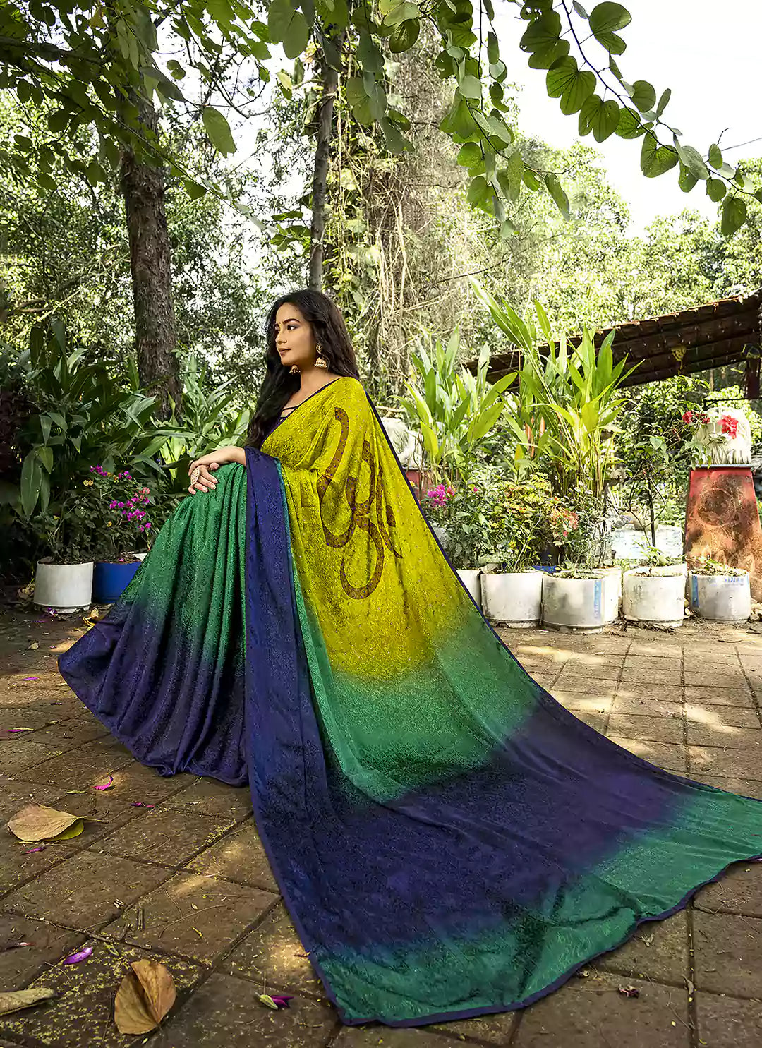 Om Symbol Tanchoi Work Green & Blue Crepe Satin Silk Saree - TREEVESTO