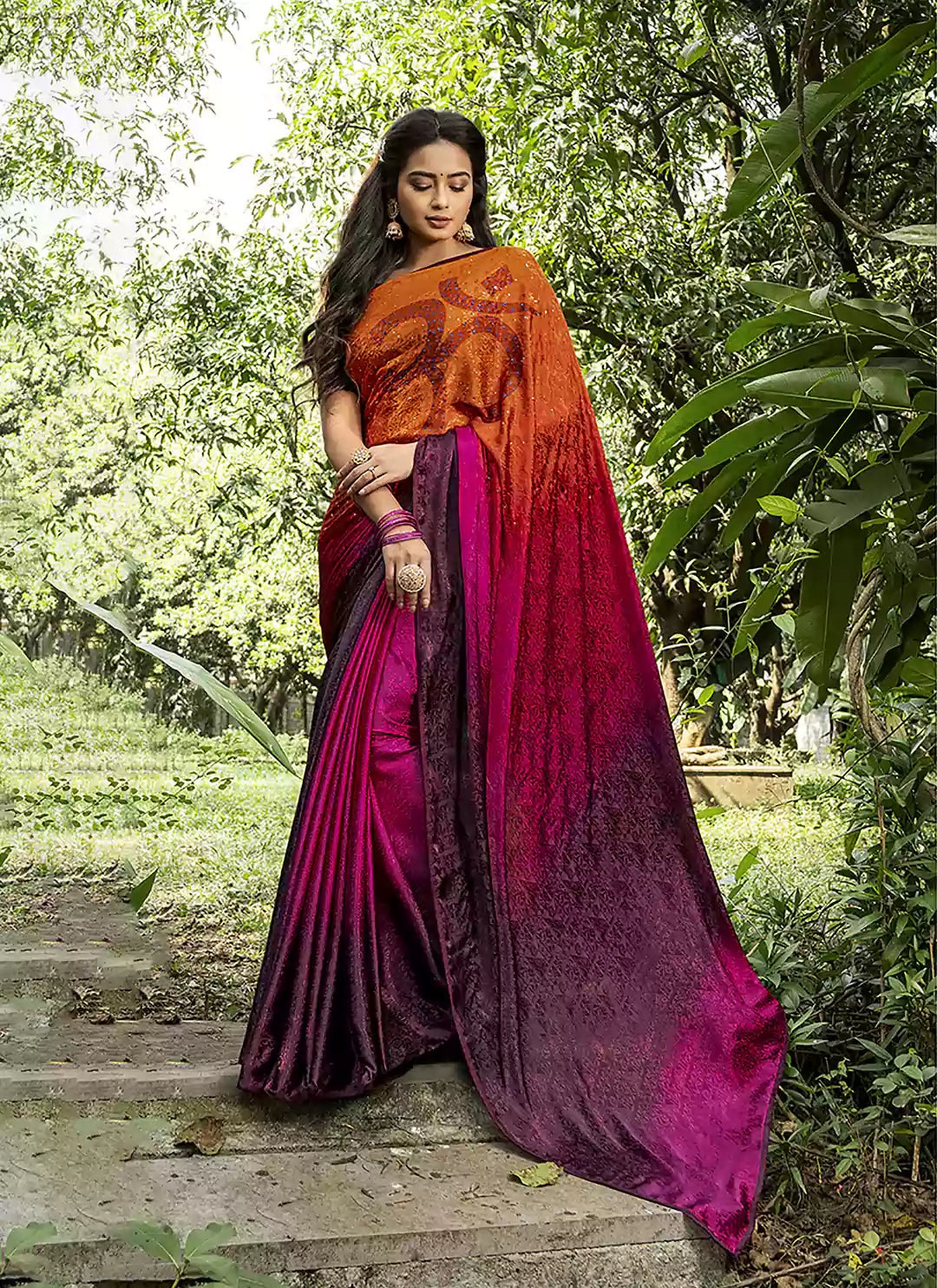 Om Symbol Tanchoi Work Orange & Magenta Crepe Satin Silk Saree - TREEVESTO