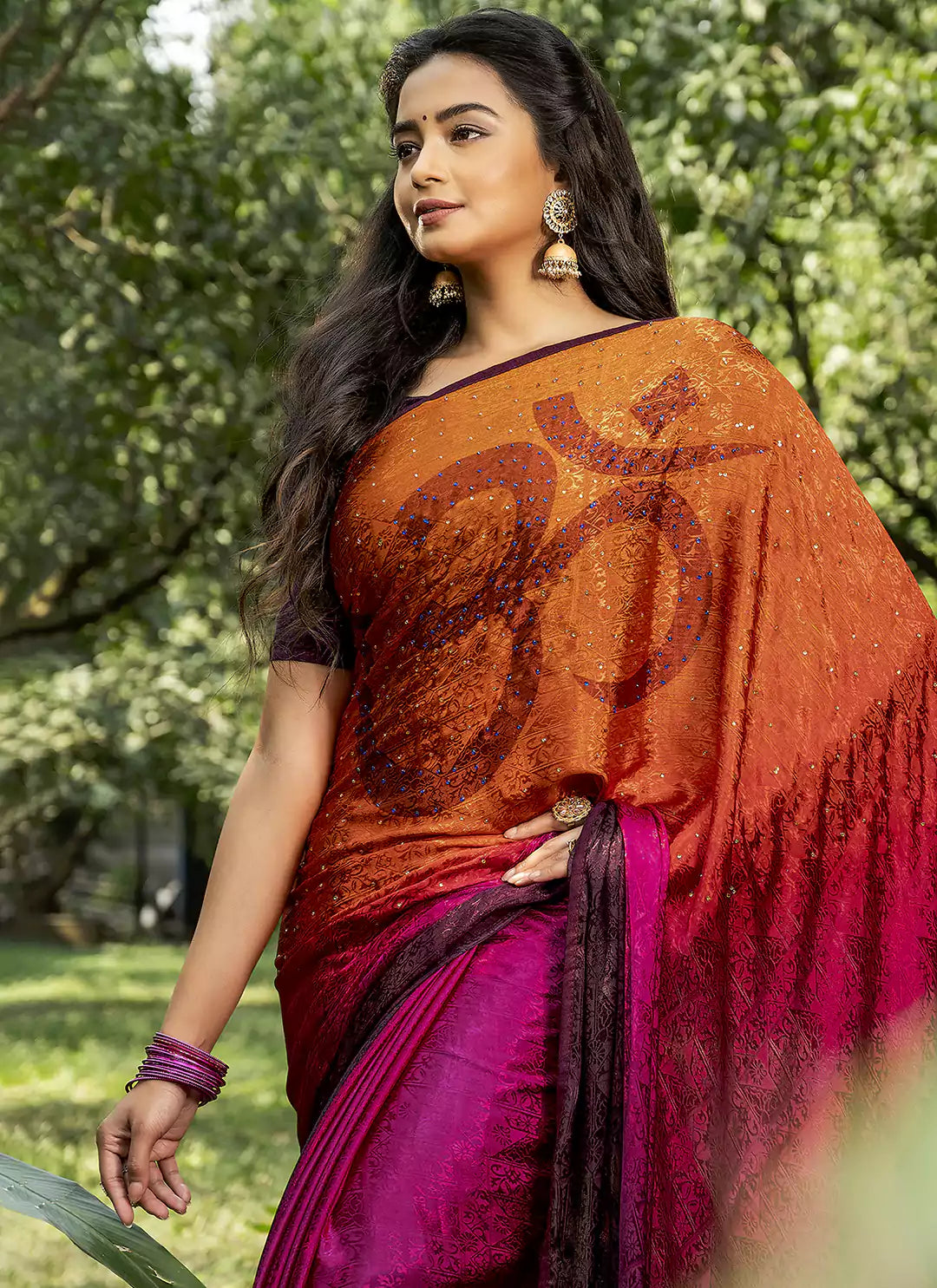 Om Symbol Tanchoi Work Orange & Magenta Crepe Satin Silk Saree - TREEVESTO