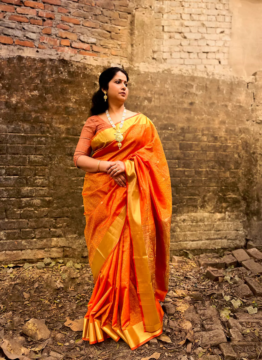 Orange Lightweight Kanjivaram Silk Saree - TREEVESTO