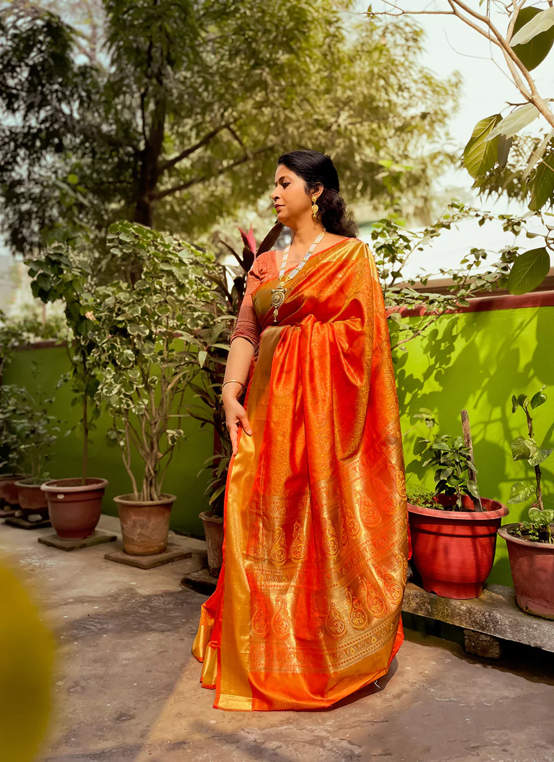 Orange Lightweight Kanjivaram Silk Saree - TREEVESTO