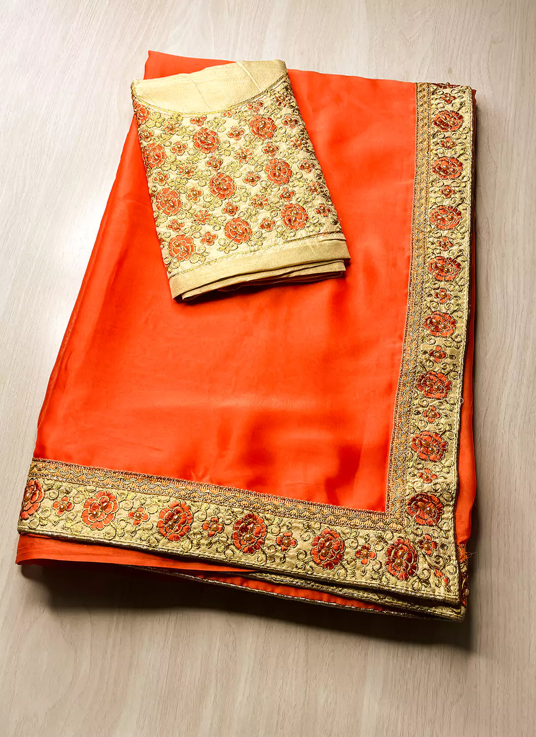 Orange Plain Rangoli Silk Saree with Designer Blouse & Border - TREEVESTO