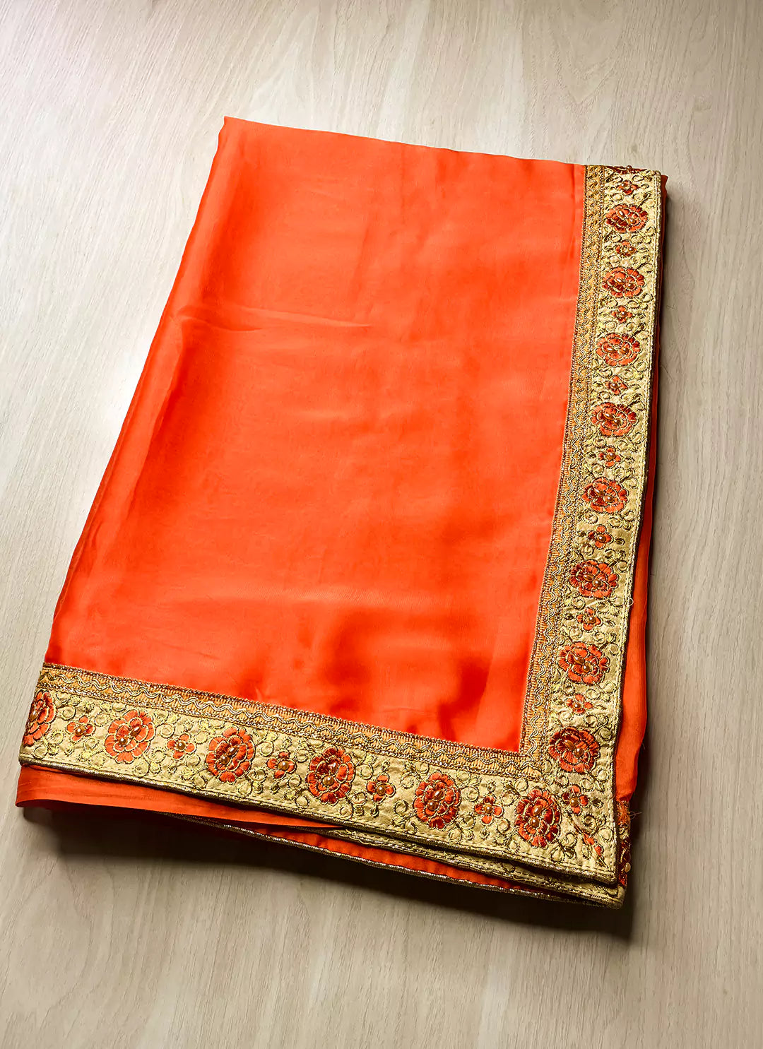 Orange Plain Rangoli Silk Saree with Designer Blouse & Border - TREEVESTO