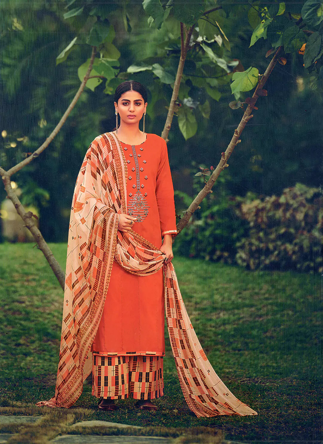 Embroidered Orange Jam Cotton Unstitched Suit Material treevesto