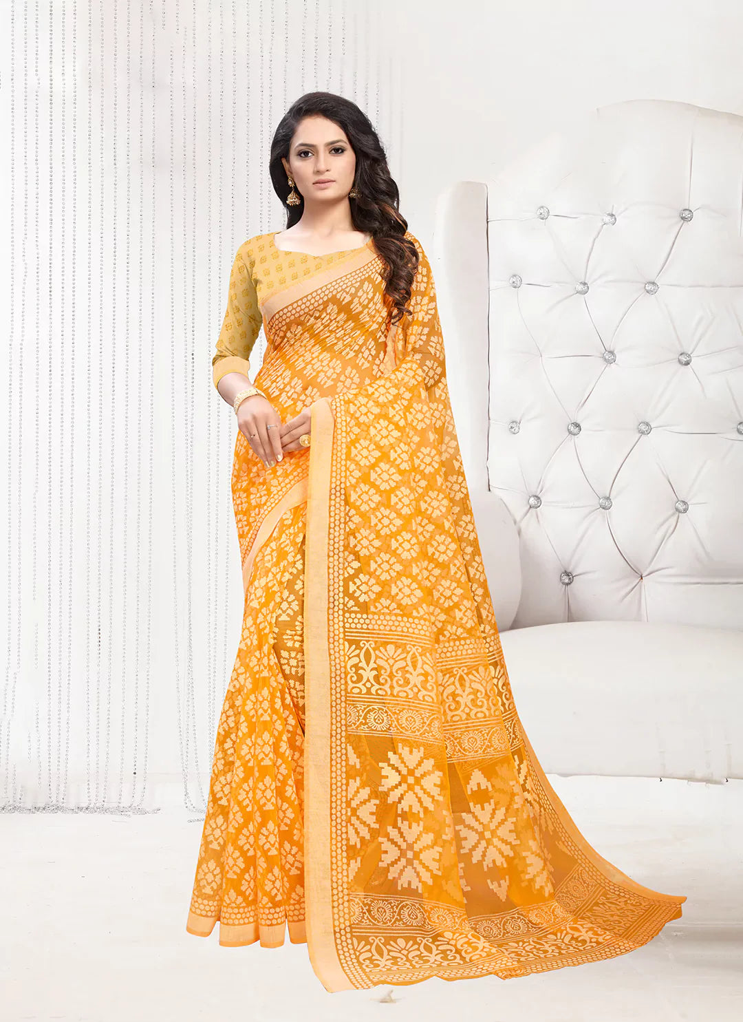 Orange Soft Cotton Brasso Woven Saree - TREEVESTO