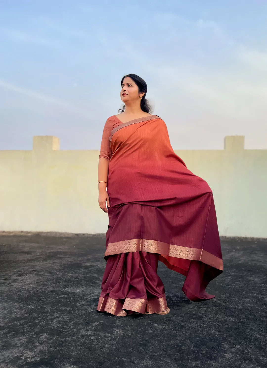 Orange To Maroon Ombre Dyed Soft Vichitra Silk Saree - TREEVESTO