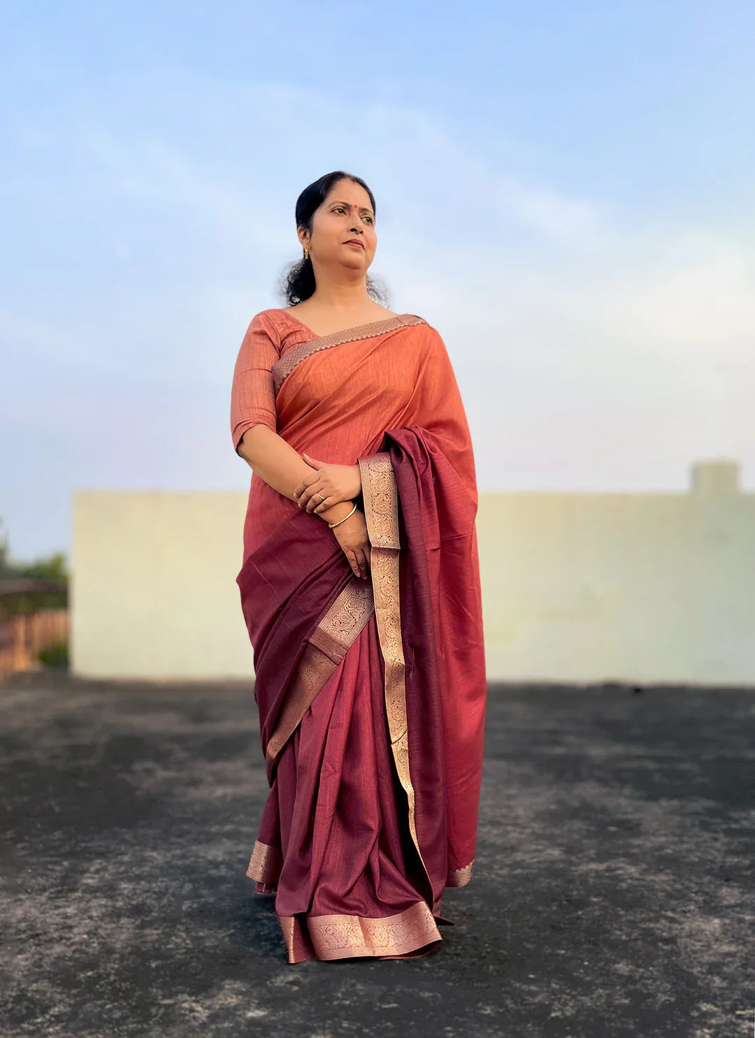 Orange To Maroon Ombre Dyed Soft Vichitra Silk Saree - TREEVESTO