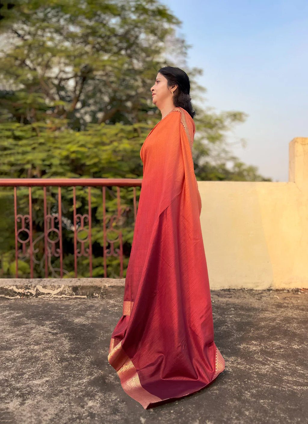 Orange To Maroon Ombre Dyed Soft Vichitra Silk Saree - TREEVESTO