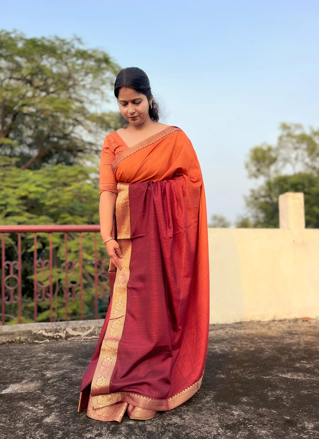 Orange To Maroon Ombre Dyed Soft Vichitra Silk Saree - TREEVESTO