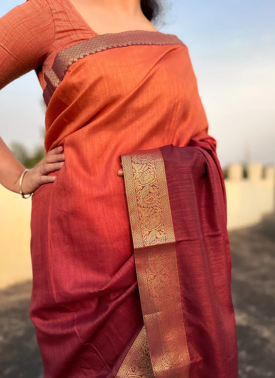 Orange To Maroon Ombre Dyed Soft Vichitra Silk Saree - TREEVESTO