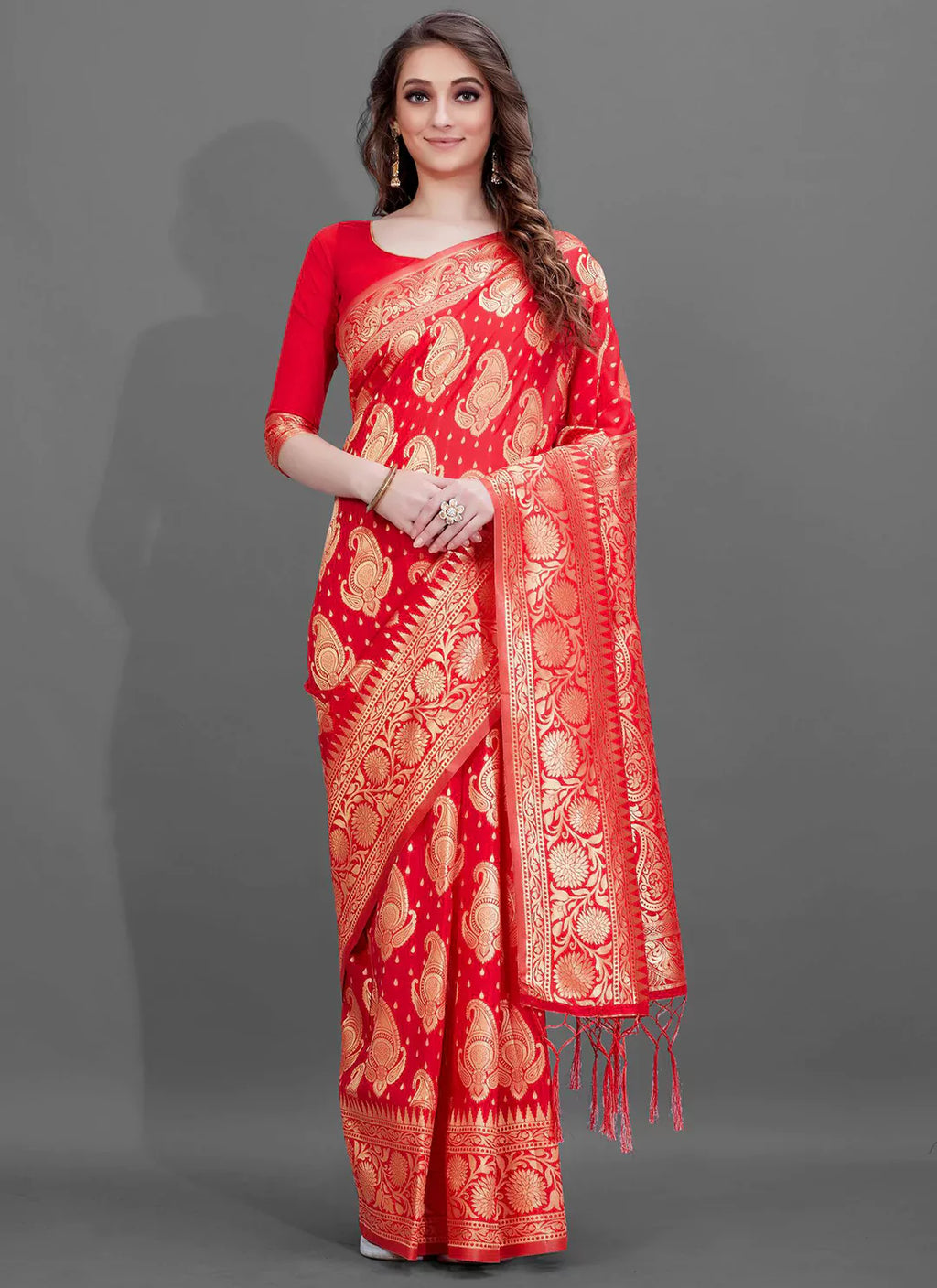 Zari Work Red Soft Banarasi Silk Saree With Temple Styled Border - TREEVESTO