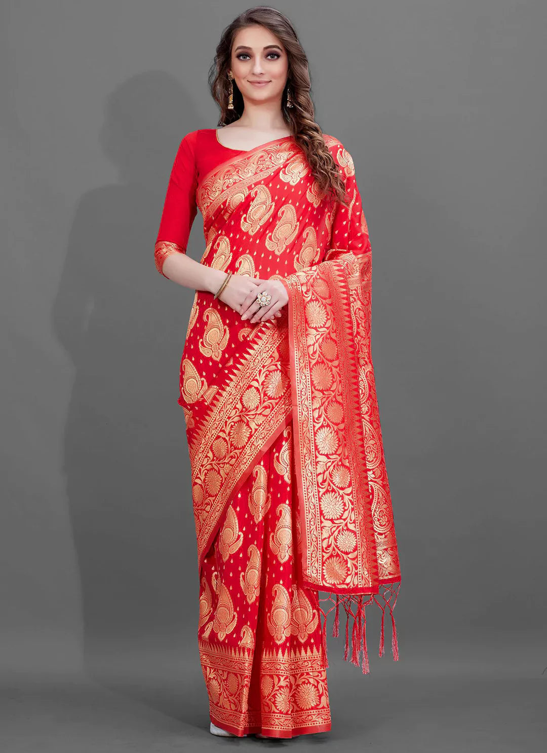 Zari Work Red Soft Banarasi Silk Saree With Temple Styled Border - TREEVESTO