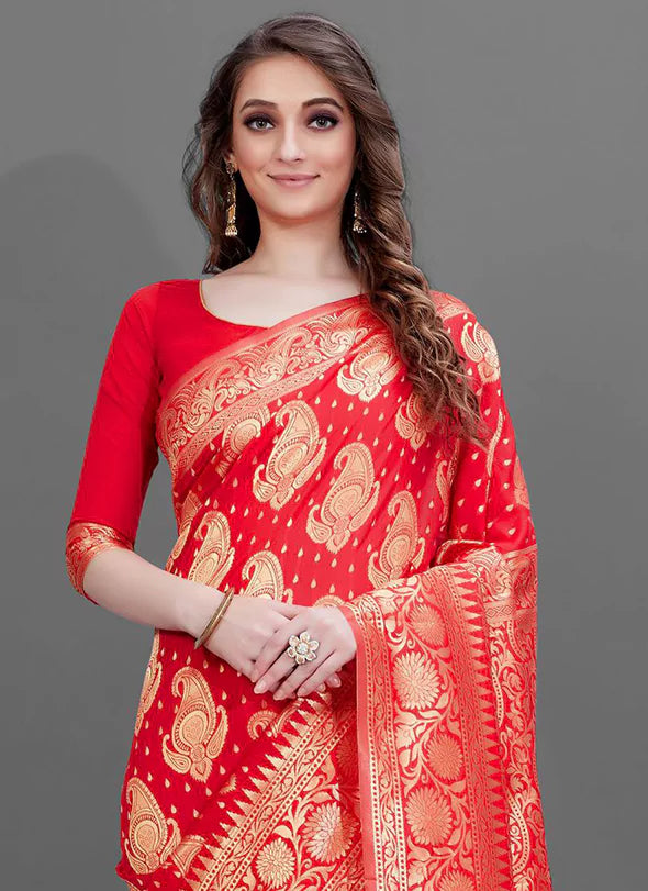 Zari Work Red Soft Banarasi Silk Saree With Temple Styled Border - TREEVESTO