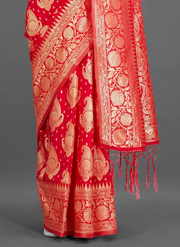 Zari Work Red Soft Banarasi Silk Saree With Temple Styled Border - TREEVESTO