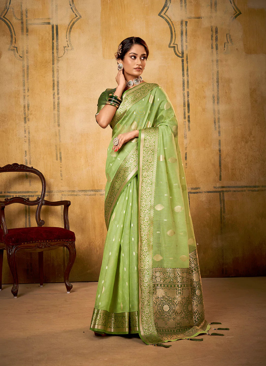 Parrot Green Tissue Banarasi Silk Saree treevesto