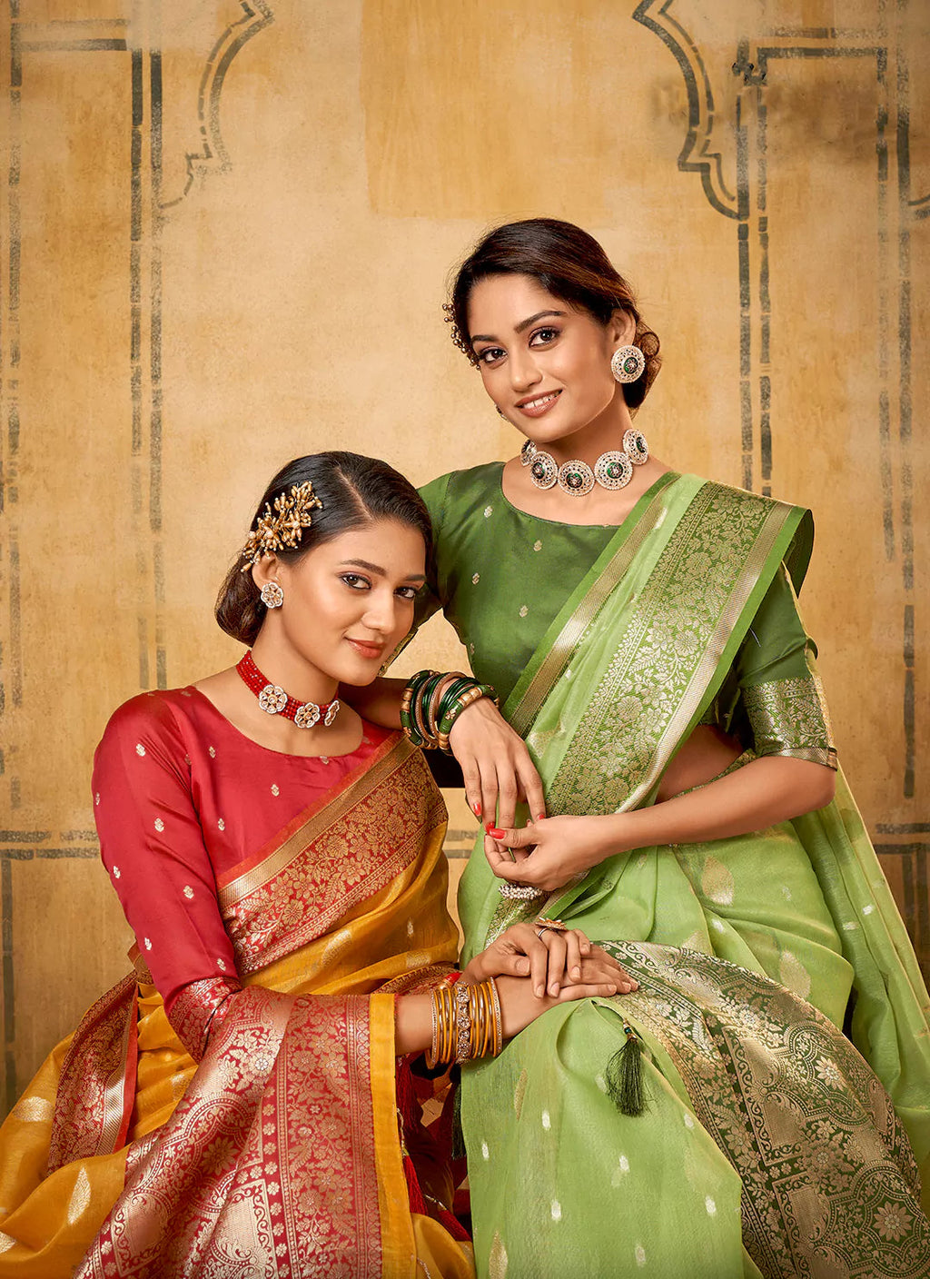 Parrot Green Tissue Banarasi Silk Saree treevesto
