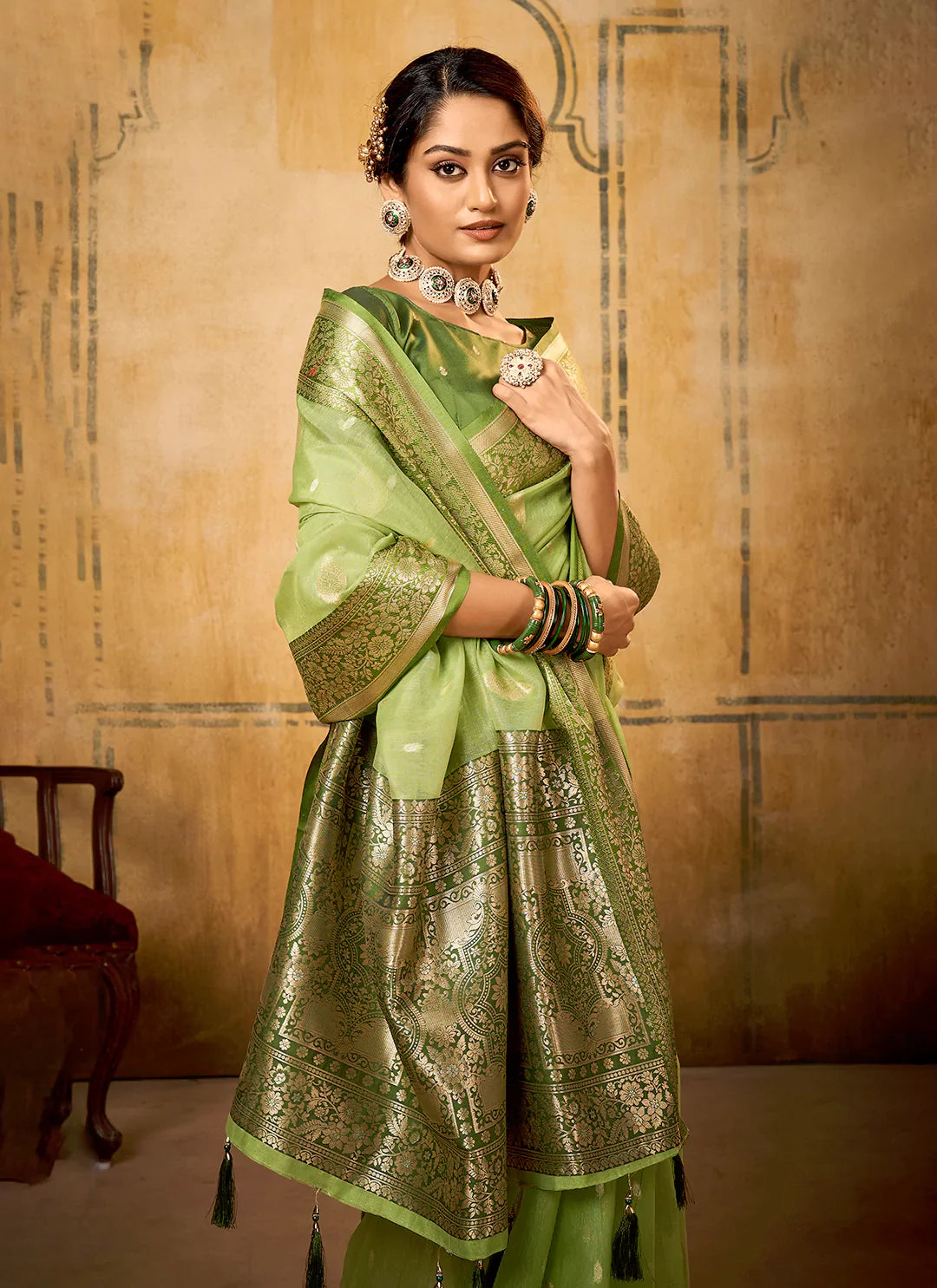 Parrot Green Tissue Banarasi Silk Saree treevesto