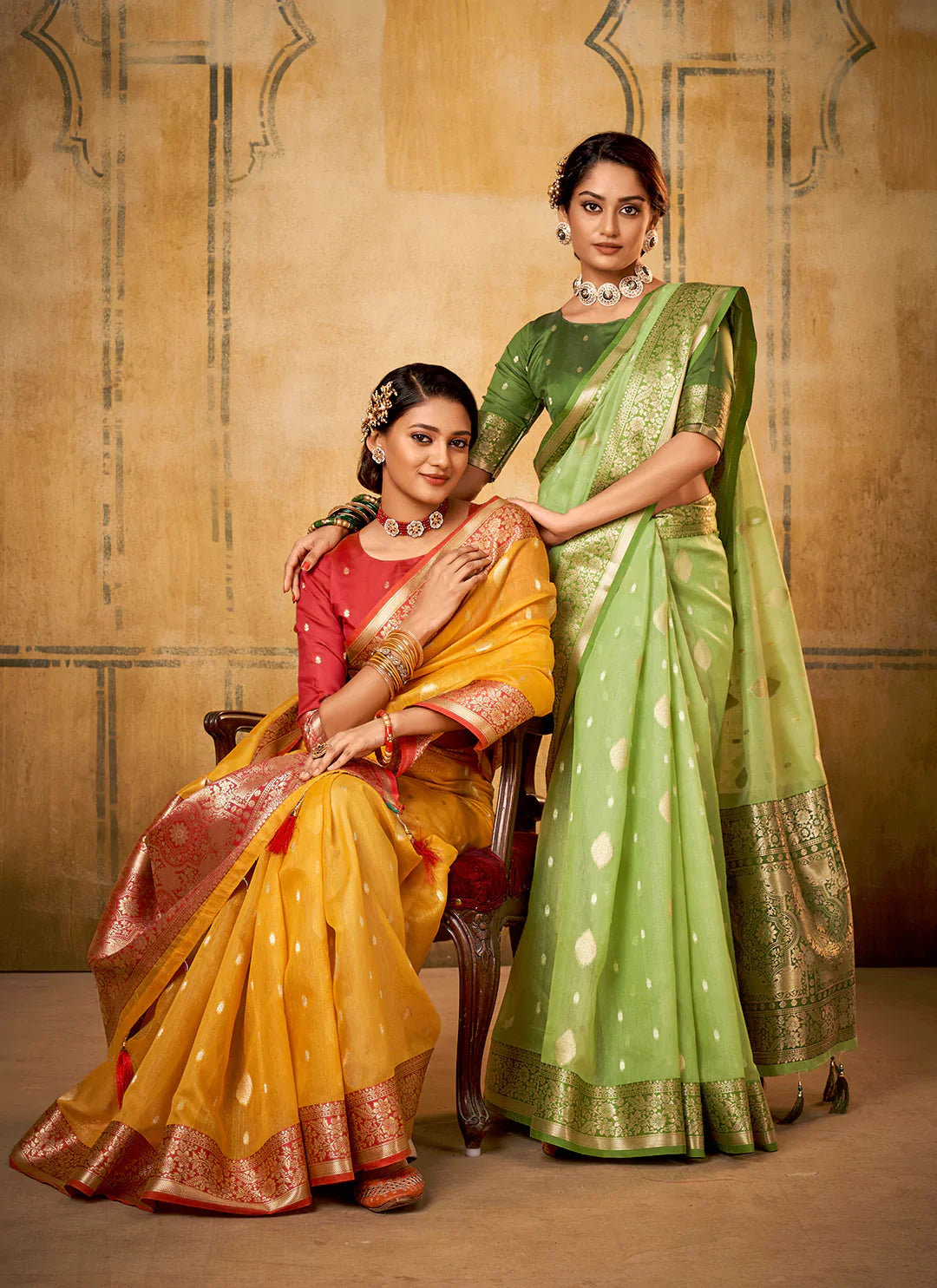 Parrot Green Tissue Banarasi Silk Saree treevesto