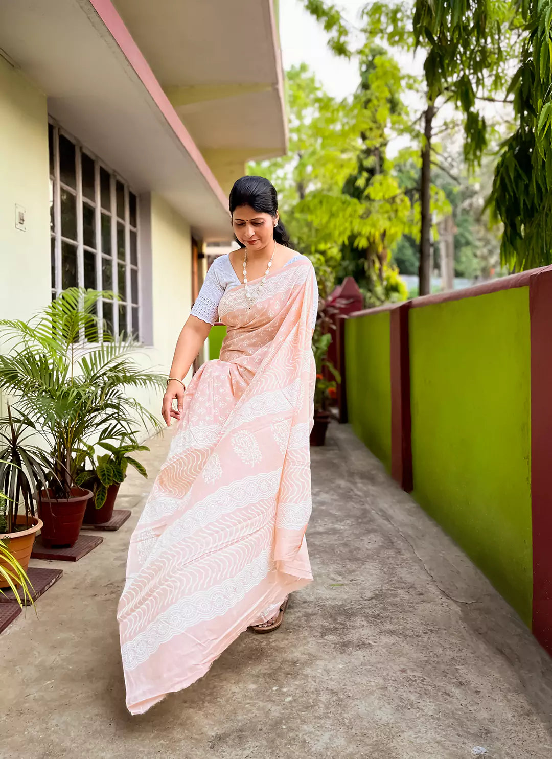 Peach Dabu Hand Block Print Mul Cotton Saree  TREEVESTO