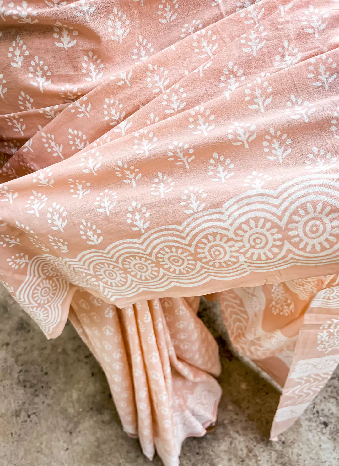 Peach Dabu Hand Block Print Mul Cotton Saree  TREEVESTO