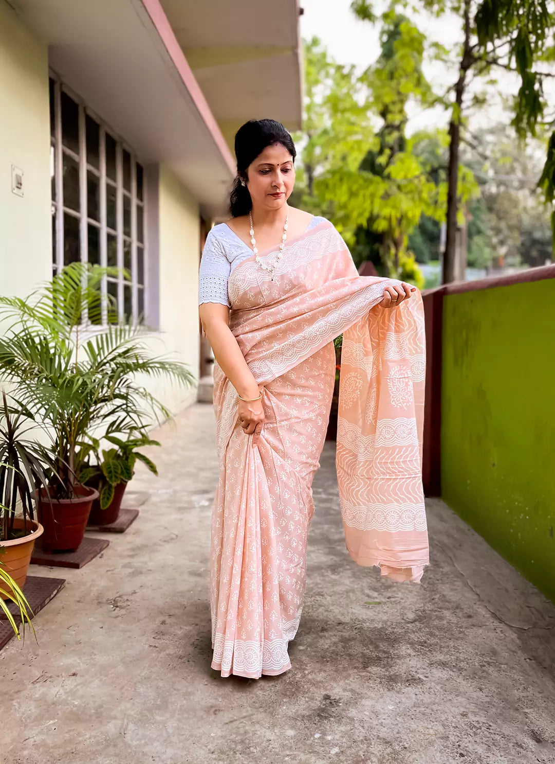 Peach Dabu Hand Block Print Mul Cotton Saree  TREEVESTO
