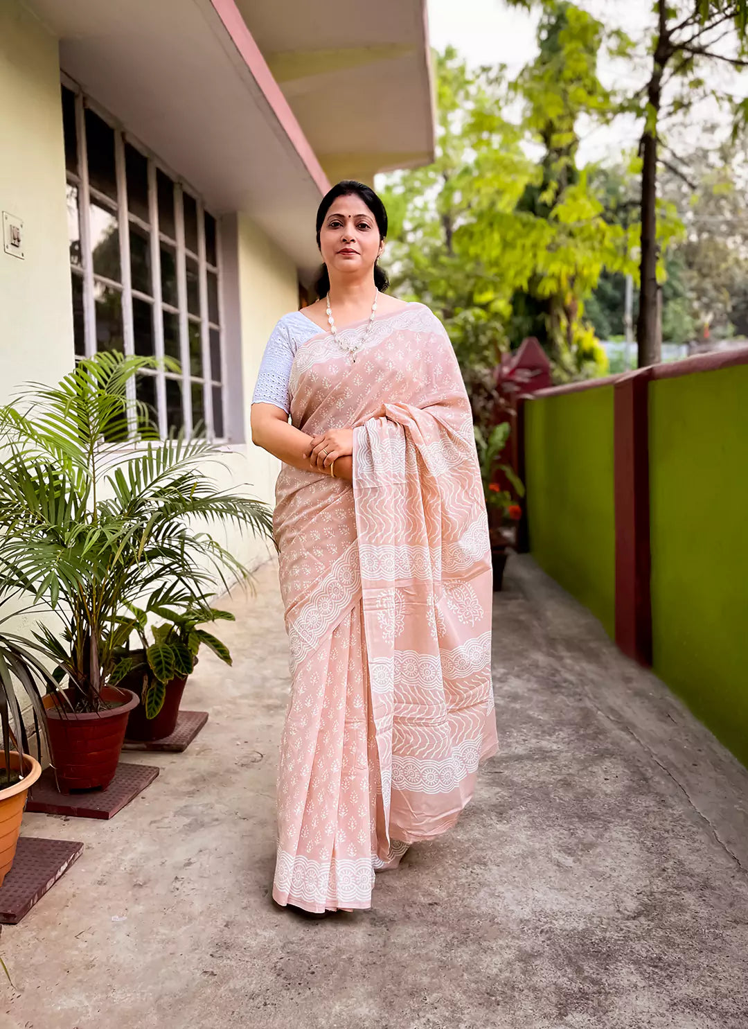 Peach Dabu Hand Block Print Mul Cotton Saree  TREEVESTO