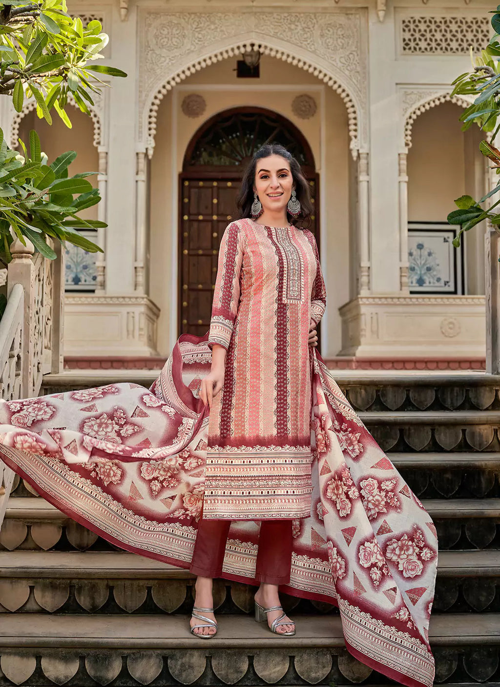 Printed Pure Cotton Peach Unstitched Suit With Mul Cotton Dupatta treevesto