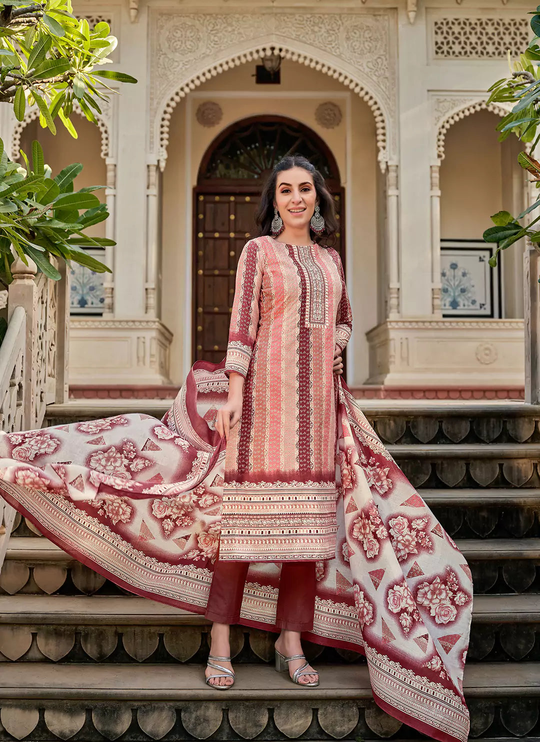 Printed Pure Cotton Peach Unstitched Suit With Mul Cotton Dupatta treevesto