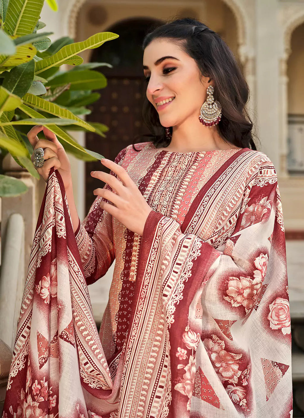 Printed Pure Cotton Peach Unstitched Suit With Mul Cotton Dupatta treevesto