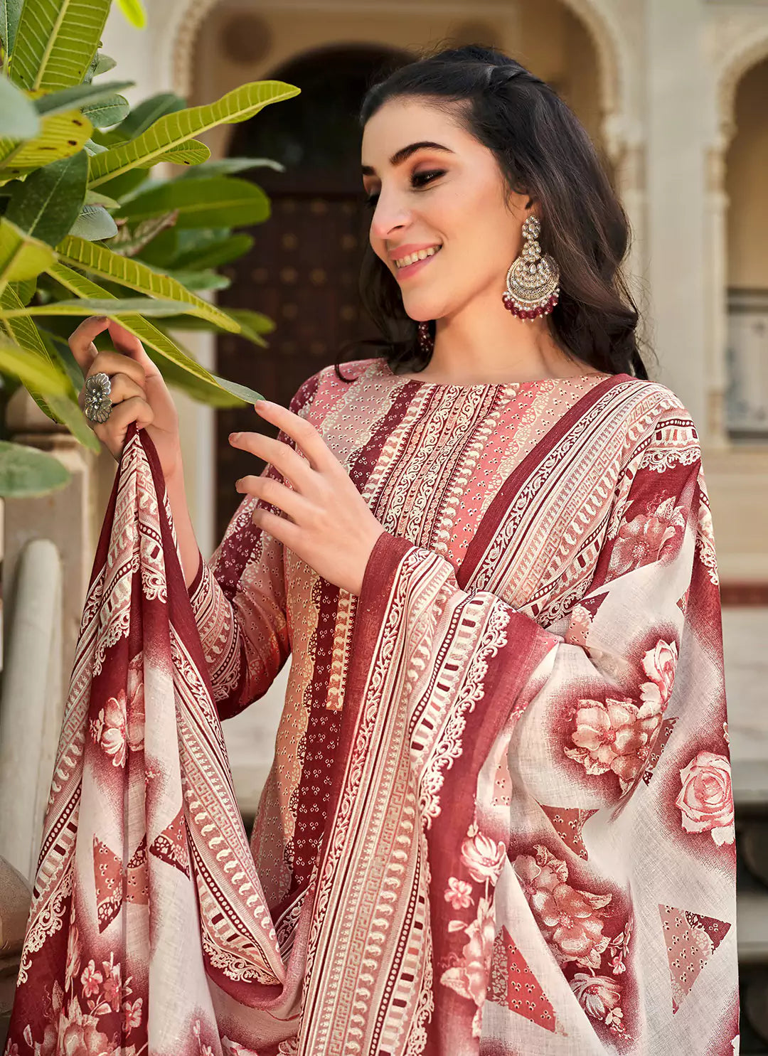 Printed Pure Cotton Peach Unstitched Suit With Mul Cotton Dupatta treevesto